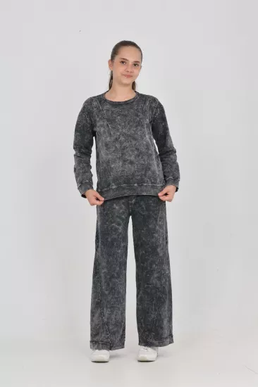 Toontoy Kız Çocuk Asit Yıkamalı Sweatshirt Ve Bol Paça Pantolon İkili Takım