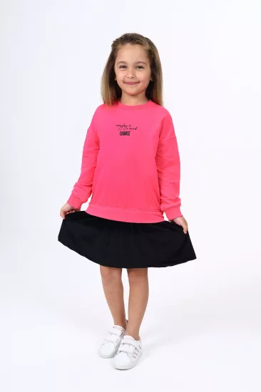Toontoy Kız Çocuk Slogan Baskılı Düşük Omuzlu İki İplik Sweatshirt Elbise