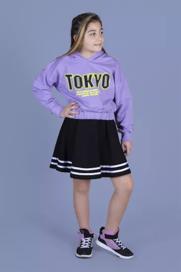 Toontoy Kız Çocuk Kapüşonlu Sweatshirt ve Etek İkili Kolej Takım