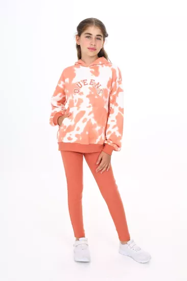 Toontoy Kız Çocuk Batikli Kapüşonlu Kanguru Cepli Sweatshirt Ve Fitilli Tayt İkili Takım