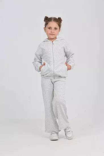 Toontoy Kız Çocuk Çizgi Desenli Fermuarlı Hırka ve Pantolon İkili Takım