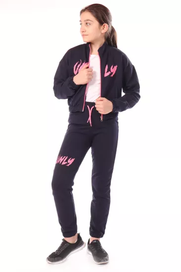 Toontoy Kız Çocuk Neon Baskılı Fermuarlı Crop Ceket ve Eşofman Alt İkili Takım
