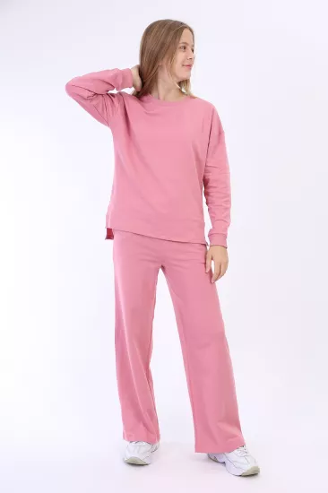 Toontoy Kız Çocuk Yırtmaç Detaylı Sweatshirt ve Geniş Paça Pantolon İkili Set
