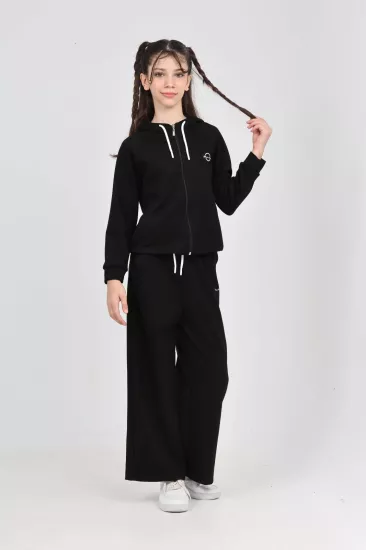 Toontoy Kız Çock Fermuarlı Reglan Kollu Scuba Kumaş Sweatshirt ve Baskılı Bol Pantolon İkili Takım