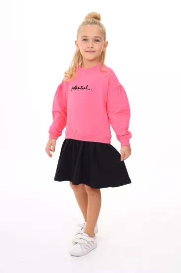 Toontoy Kız Çocuk Siyah Renk Bloklu Nakışlı Sweatshirt Elbise