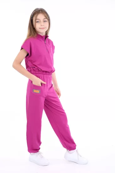 Toontoy Kız Çocuk Yarım Fermuarlı Crop Sweatshirt ve Geniş Kesim Pantolon İkili Takım
