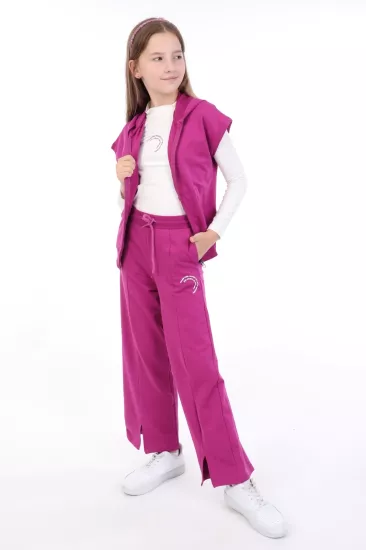 Toontoy Kız Çocuk Fermuarlı Yelek ve Bol Paça Pantolon 3’lü Kombin Takım